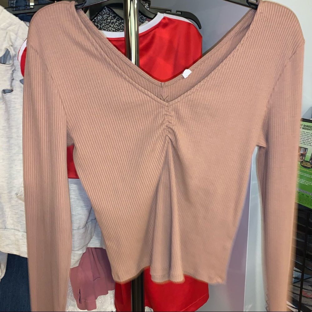 tan fitted long sleeve w/ rouched center detail
